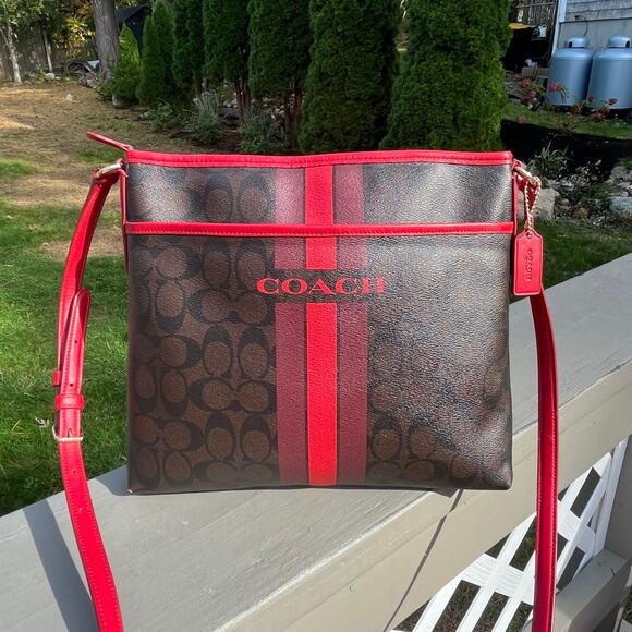 COACH Signature Leather Racing Stripe, Brown and Red, AUTHENTIC Crossbody - Picture 16 of 16